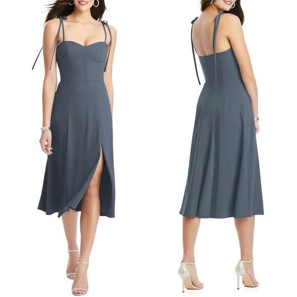 NWT Dessy Collection 3069 BUSTIER CREPE MIDI DRESS bow strap Silverstone size 16 - Picture 1 of 9